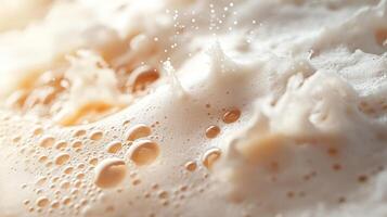 Frothy delight captured in a close-up, showcasing bubbly textures and a golden hue, a mesmerizing dance of light and effervescence. photo