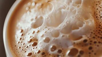 Close-up of a creamy beverage with many bubbles, foam swirls and textured surface, showcasing the intricate details of the drink's composition. photo