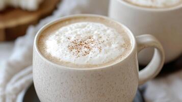 Warm beverage with frothy topping, perfect for a cozy break or a delightful start to the day. Its creamy texture offers comforting sip. photo
