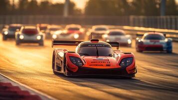 A vibrant orange race car speeds down the track during a race, with other cars following behind and the sun setting in the distance. photo
