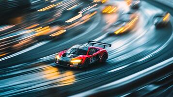 A high-performance red race car speeds around a winding track, captured with a motion blur effect, showcasing its sleek design and power. photo