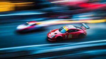 A vibrant, blurred image capturing the intense speed and motion of race cars competing on a track during a race at high speed. photo
