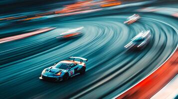 Race cars speed around a track, captured with motion blur, creating a dynamic sense of speed and excitement with bright colors. photo