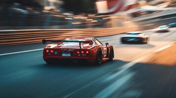 Red race car speeds around the track, motion blur emphasizes high velocity and competitive racing. Tail lights visible in the rear view. photo
