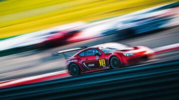 Red race car speeding along a track with blurred motion, illustrating high speed and competition. Action shot showing race. photo