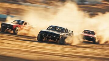 Three modified cars race across a desert track, kicking up a cloud of dust during a high-speed competition. The cars are blurred with motion. photo