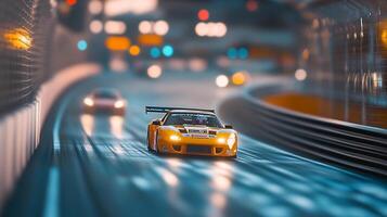 Racing car speeds around the track, lit by bokeh lights. Focus on the yellow vehicle as it navigates the bend. photo