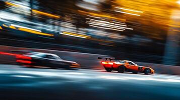 Motion blur captures a dynamic race between two high-speed cars on a track, glowing taillights illuminating the intensity of competition. photo