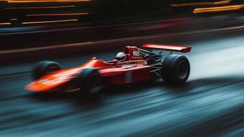 Red race car speeding down the track with motion blur conveying velocity and action, demonstrating racing. The car number is clearly visible. photo