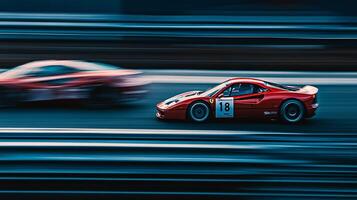 Two red sports cars zoom across a racetrack with blurring motion, competing in a high-speed race with number 18 car leading the other car. photo
