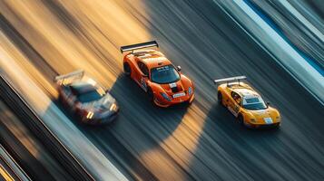 Race cars speed down a track, motion blurring their colorful bodies as they compete in a high-speed event. Adrenaline and excitement fill the air. photo