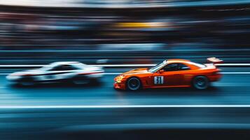 A dynamic image showcasing two sports cars racing at high speed, captured with a motion blur effect to emphasize the fast-paced action. photo
