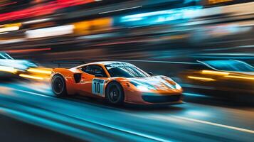 A vibrant race car speeds through the city, a blur of motion and color against the luminous urban backdrop. A thrilling race against time. photo