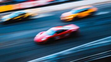 Motion blur of three racing cars speeding down a track. The focus and speed are captured in this exciting racing image. photo