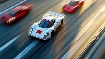 Race cars speed down the track, showcasing motion and competition as they pursue victory in a thrilling display of speed and skill. photo