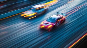 Motion blur captures two race cars speeding down a track, their lights ablaze in a thrilling display of speed and competition. photo