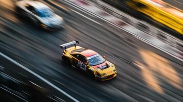 Fast-paced action on the racetrack with two race cars blurring by at high speed, showcasing dynamic motion and competition. photo