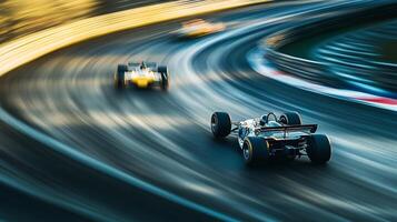 High-speed open-wheel racecars speed around a turn on a banked racetrack, showcasing dynamic motion and intense competition. photo