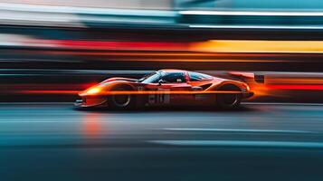 A vibrant, fast-moving race car speeds along a blurred track, embodying velocity and motorsport dynamism with streaks of color. photo