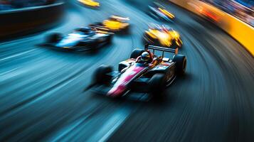 Intense race cars speed around a sharp turn, captured with dynamic motion blur for a thrilling sense of speed and competition. photo