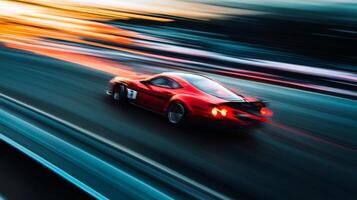 Motion blur captures a red racecar speeding down a track under a colorful sky, conveying speed, action, and the thrill of racing. photo