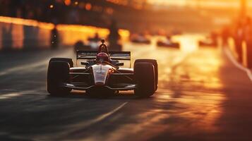 Race car speeding down a track, the sun sets with golden light and creating a dynamic and intense moment in the race. photo