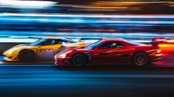 High-speed race captured with a dynamic motion blur, featuring a red car and a yellow car speeding through the night. photo