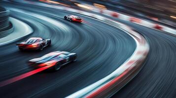 High-speed cars race on a winding track, motion blur adds to the exhilarating sense of speed and competition. Dynamic race day scene photo