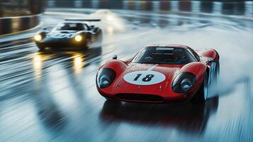 Vintage race cars speed through a rain-soaked track, their headlights cutting through the spray. A red vehicle leads with number 18. photo