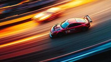 Speeding red sports car on a racetrack, blurred motion creating a sense of velocity and excitement in a vibrant, dynamic scene. photo