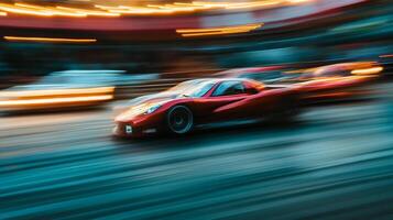 A blurred image of a red sports car speeding along a track at high speed. The car is leaving a blur of motion in its wake as it races by. photo