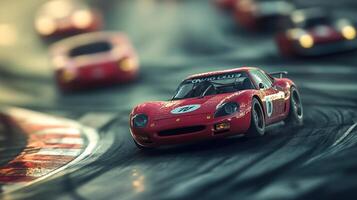 Vintage red race car speeds around a track with other race cars in the background, showcasing an intense competition. photo
