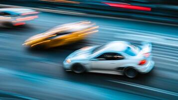 Blurred motion of cars speeding down a highway. The image represents speed, travel, and the energetic atmosphere of city transport. photo