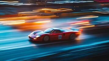 A vibrant red race car blazes along a track, captured with motion blur, emphasizing speed and excitement of high-performance driving. photo