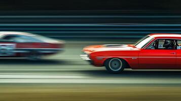 Classic cars speeding on a racetrack. The image has motion blur, which adds to the thrill of the race. Red and white are prominent. photo