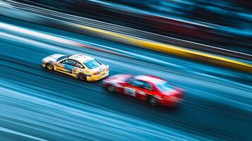 Two race cars blur on a track, capturing the high-speed action and dynamic motion of competitive racing. Dynamic colors and motion blur. photo
