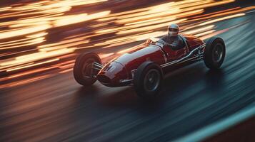 Vintage race car speeds down the track, motion blur conveying speed and excitement, capturing the thrill of motorsports from a bygone era. photo