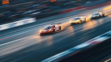 Three race cars speed down a track in a blur of motion, showcasing intense competition. The focus is on speed and sleek design. photo