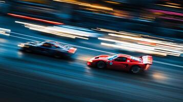 Blurred motion of two sports cars speeding on a highway at night, showcasing dynamic movement and vibrant colors. photo