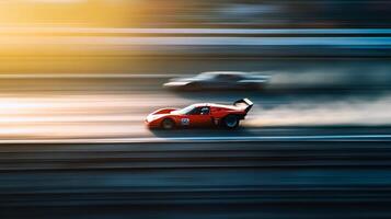High-speed motion blur captures intense race, red race car in dynamic blurred racetrack evokes speed and competition. photo
