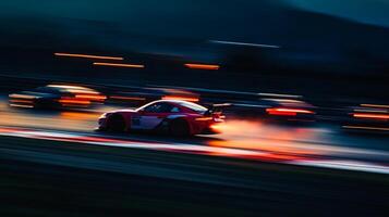 Motion blur captures race cars speeding on a track at dusk, with lights creating streaks of red and orange. photo