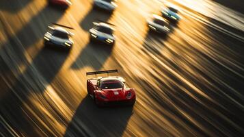 High-speed racing cars blur across the track in a dynamic display of speed and competition. The sunlight casts dramatic shadows. photo