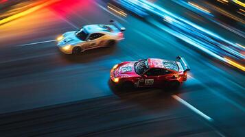 Two race cars speeding down a track at night, captured in a long exposure shot, creating streaks of light and a sense of dynamic motion. photo