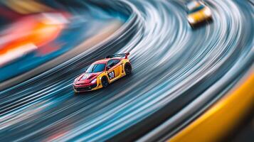 A stylized image shows two race cars speeding around a track with vibrant colors and dynamic motion blur effect, creating a sense of high speed photo