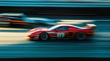 A red race car speeds along the track with motion blur, showcasing its speed and agility on the asphalt course at a competitive event. photo