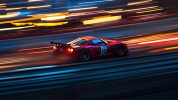 A captivating glimpse of speed and style, captured in the blurred motion of a red performance car racing against streaks of vibrant lights. photo