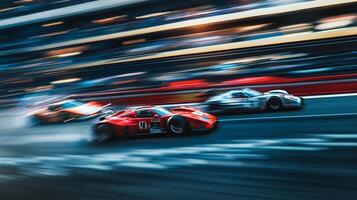 Motion blur captures high-speed race cars blurring across a track. A red car dominates, embodying speed and competition. photo