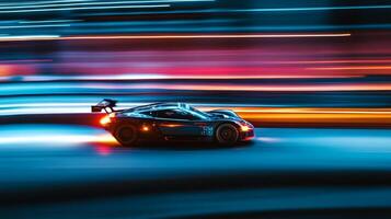 Racing through the night. A sleek race car speeding down the track, illuminated by vibrant streaks of light, capturing intense speed and power. photo