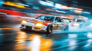 Motion blur captures the speed of a white and red race car drifting through an urban setting, its headlights glowing on the wet asphalt. photo
