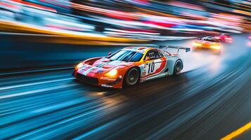 Race cars speed along a track, motion blur creating a dynamic, fast-paced sense of competition, focused on car with number 10. photo